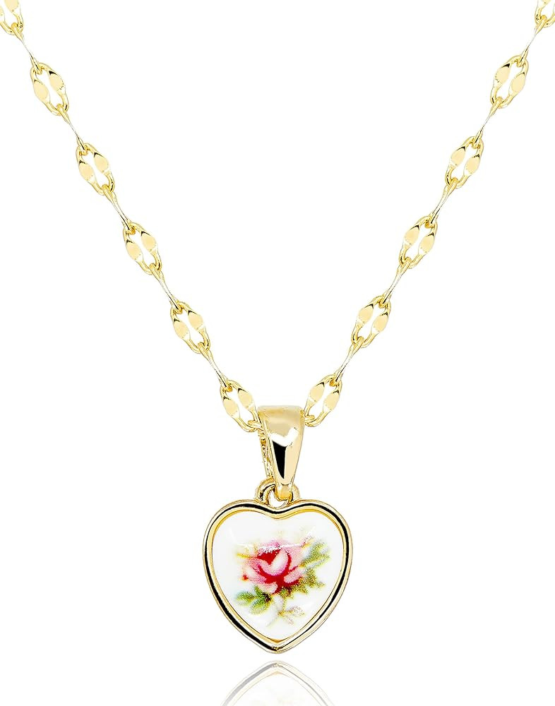 Antique Heart Pendant Necklace with Mirror Chain • Vintage Red Rose Flower Acrylic Resin Pendan... | Amazon (US)