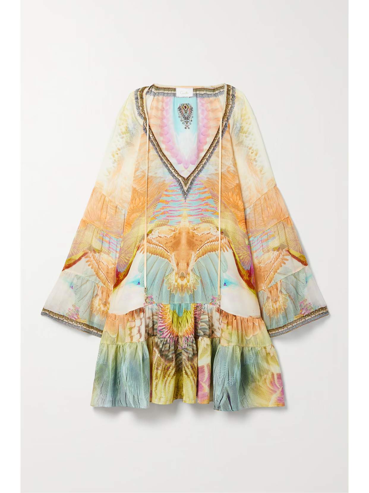 Camilla - Embellished Printed Silk Crepe De Chine Mini Dress - Yellow | NET-A-PORTER (US)