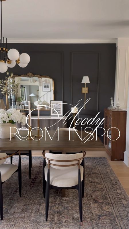 Moody dining room, powder room, and guest bathroom decor! 🖤

Paint colors:
- Dining Room: Iron Ore
- Powder Room: Web Gray
- Bathroom (with black vanity): Cityscape

Dining room rug is in the Olive/Charcoal! And linked my dining chairs (I have the Cary Linen) + a designer inspired version!

#LTKSaleAlert #LTKStyleTip #LTKHome