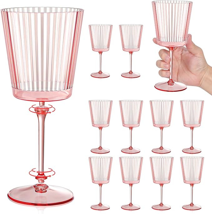 12 PCS Pink Plastic Wine Glasses with Removable Stems 13.5 Oz Pink Ribbed Wine Glasses Square Whi... | Amazon (US)