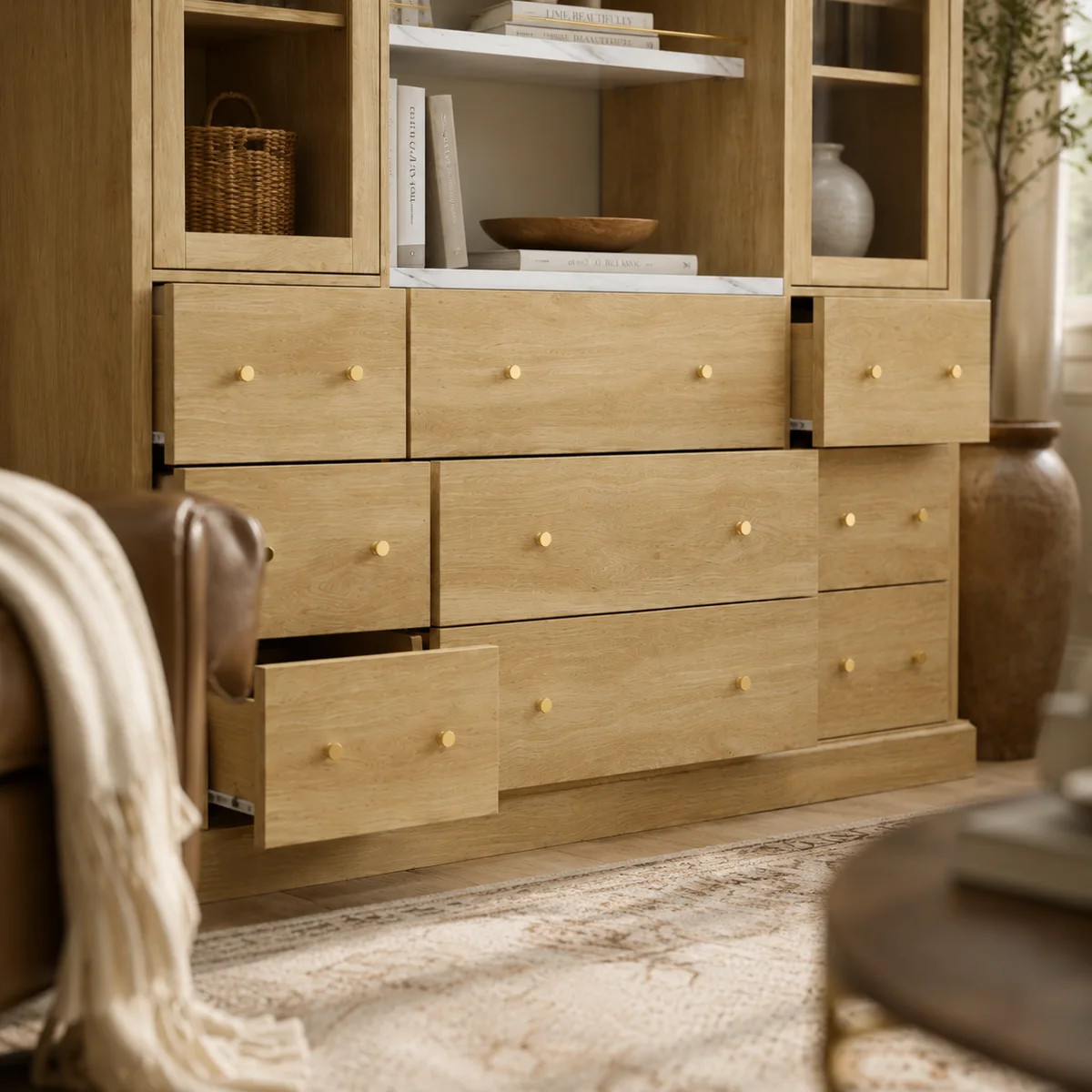 94.5'' H x 65.4'' W Natural Oak Bookcase with 9 Drawers, Tempered Glass Doors, Open Shelves | Wayfair North America