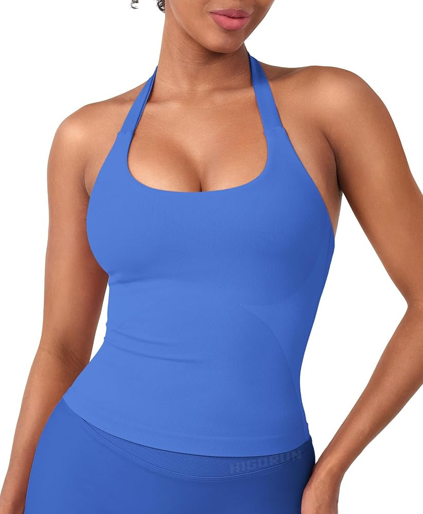 HIGORUN Women Halter Impact Tank Tops with Built in Bras Longline Crop Top | Amazon (US)