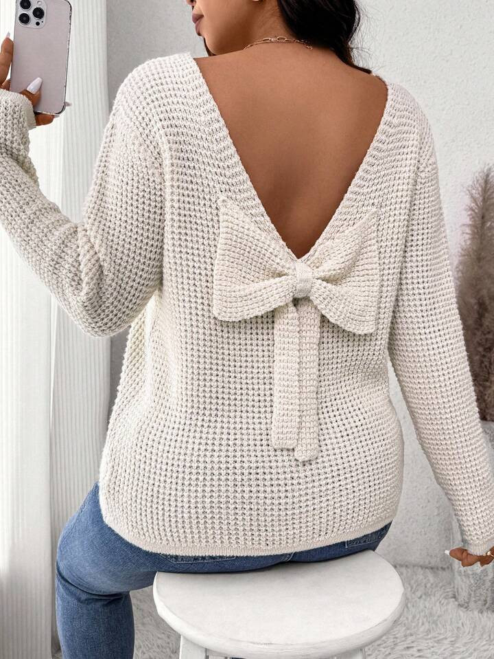 SHEIN Frenchy Plus Size Women's Solid Color Bowknot Decorated Drop Shoulder Long Sleeve Pullover ... | SHEIN