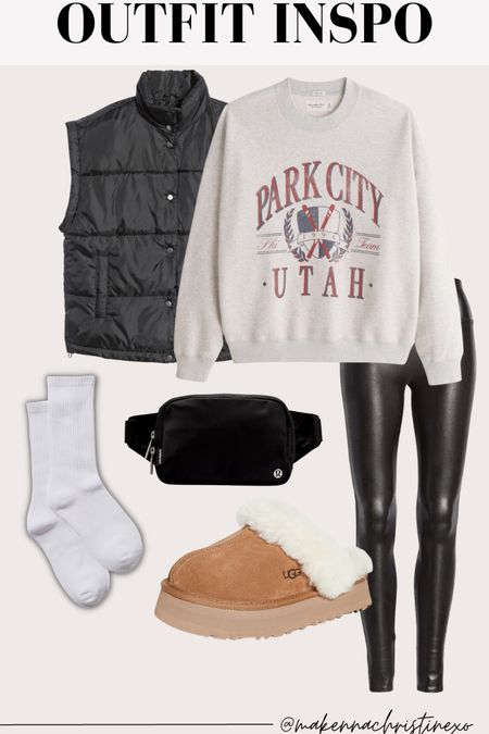 Comfy outfit inspo! Oversized sweatshirt, Spanx leather leggings, ugg slippers, Lulu lemon belt bag 