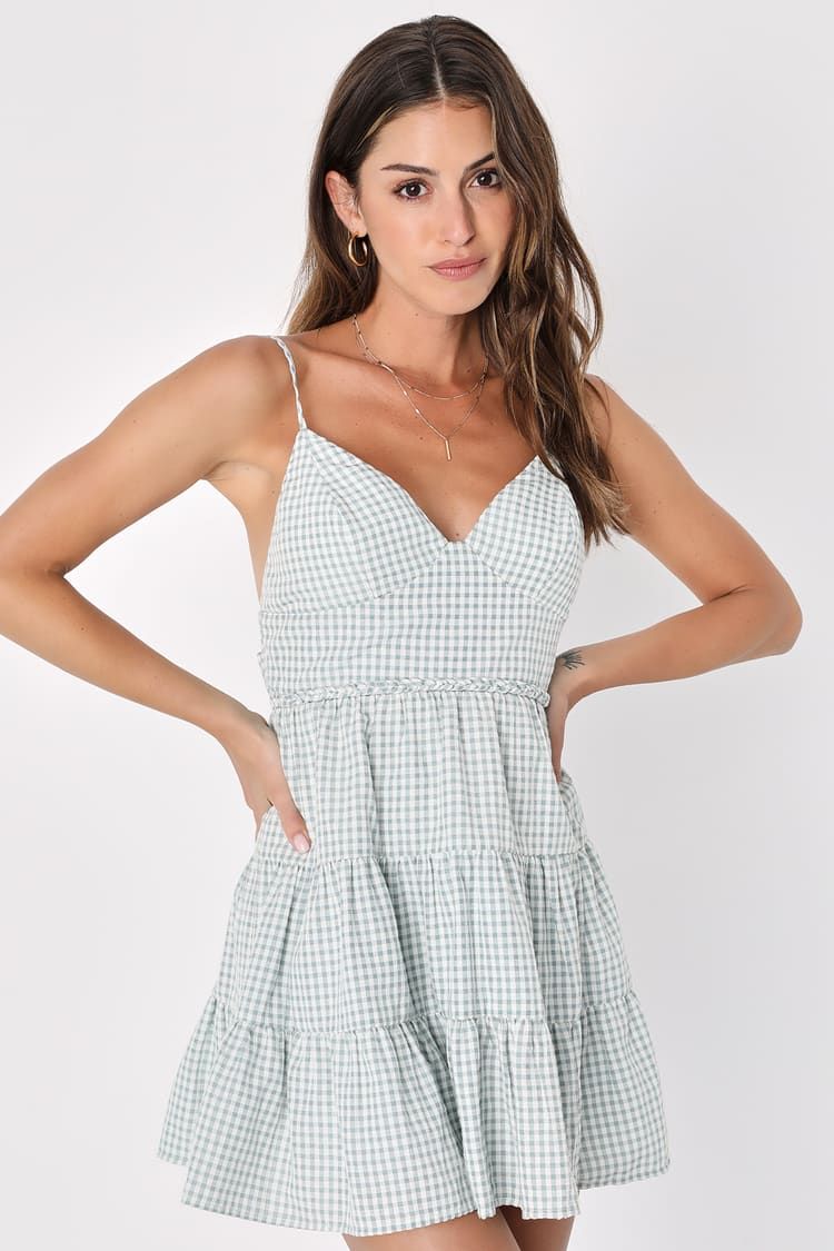 Pretty Picnic Sage Green Gingham Tiered Tie-Back Skater Dress | Lulus