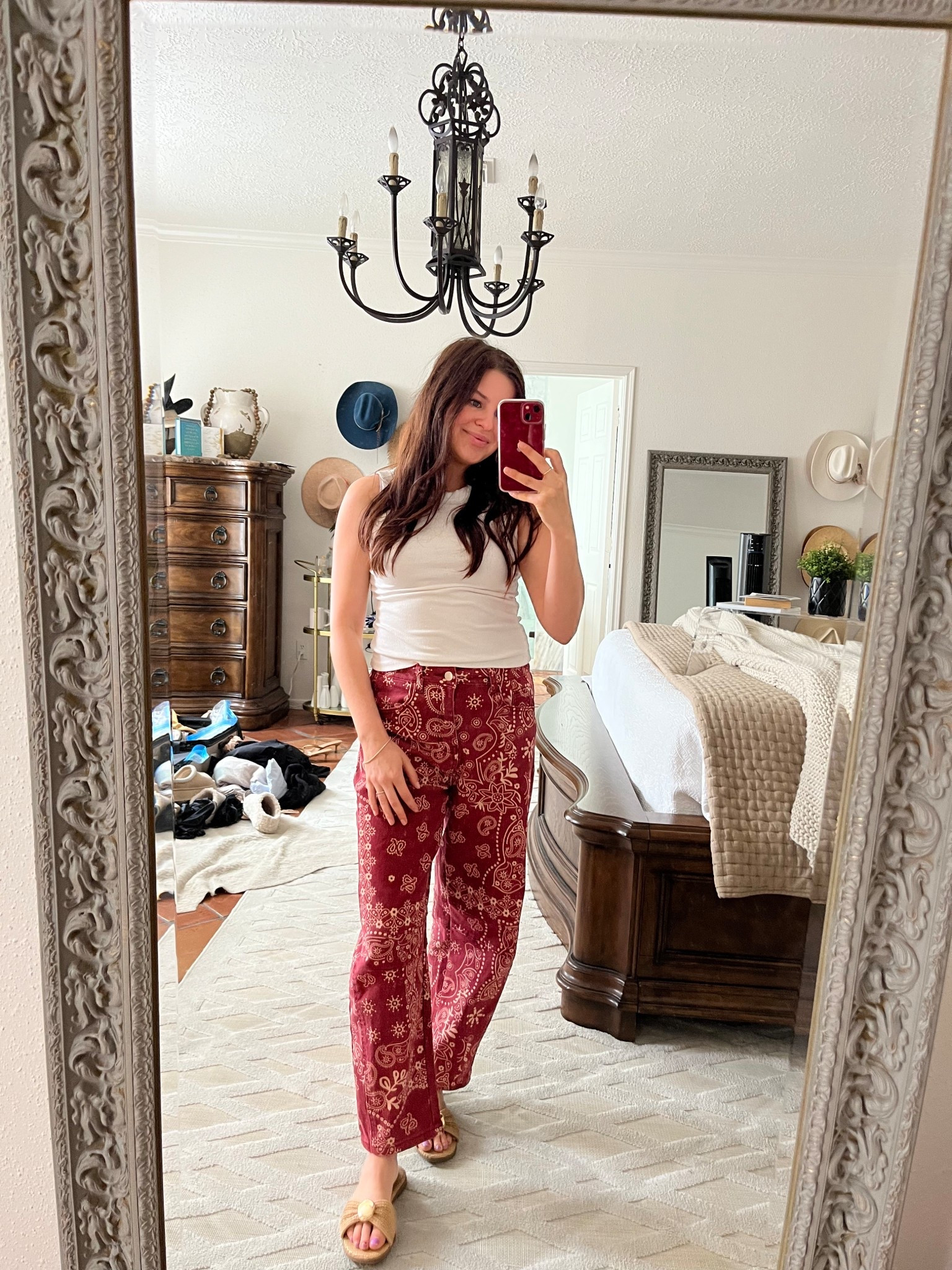 Outfit of the day! These are free people inspired pants for less that 50% the price! Wearing a size small 

Paisley pants, red paisley pants, raffia sandals, gold hardware, barrel pants 