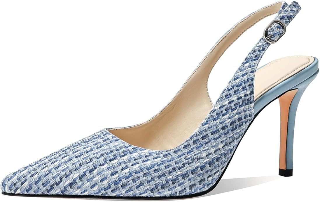 Women's Woven-Look Slingback Pumps | 3.35 Inch Pointed Toe Stiletto Heels, Spring Summer Colorful... | Amazon (US)