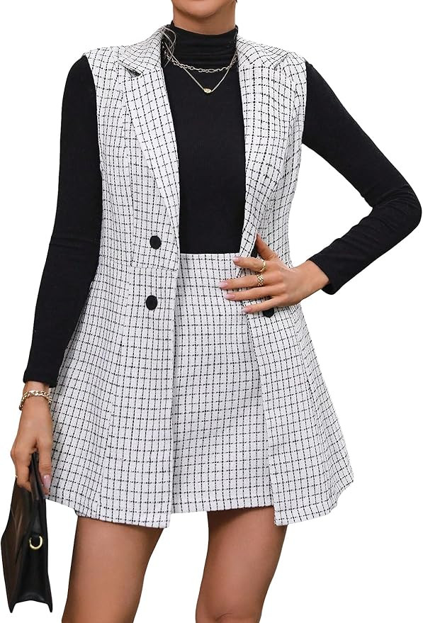 Floerns Women's 2 Piece Outfit Workwear Plaid Print Lapel Neck Vest Blazer and Skirt Set | Amazon (US)