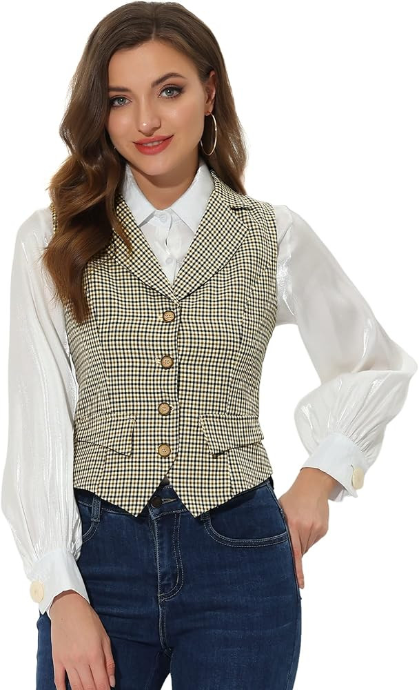 Allegra K Women's Plaid Waistcoat Notched Lapel Collar Single Breasted Vintage Vest | Amazon (US)