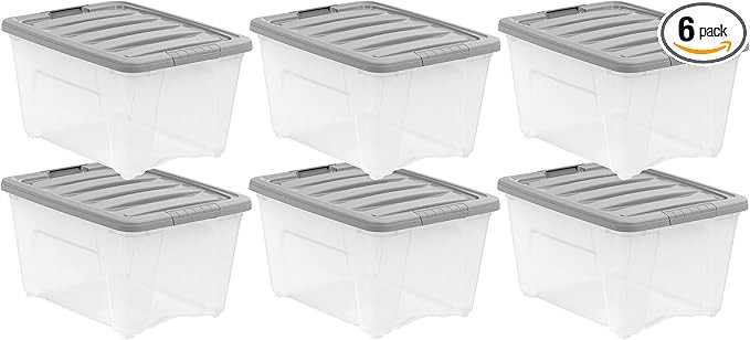 Amazon Basics Storage Bins with Lids, 32 Quart Stackable Plastic Latching containers - Clear/Grey... | Amazon (US)