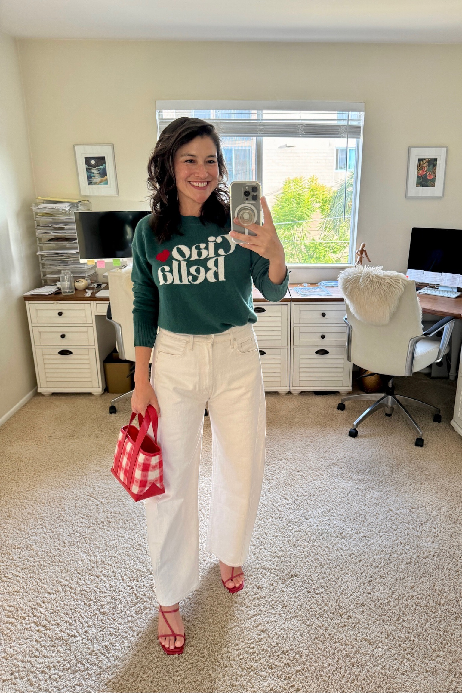 Fall outfit from Bloomingdale’s: Cashmere sweater with white jeans, red shoes, and a red purse. @Bloomingdale’s #Bloomingdales #ad 

#LTKOver40 #LTKSaleAlert #LTKSeasonal