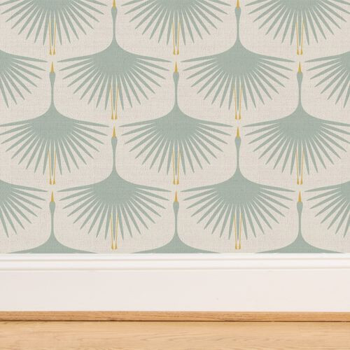 Art Deco Swans - 12" - Duck Egg on Soft Cream - 12" Wallpaper bykaterhees | Spoonflower