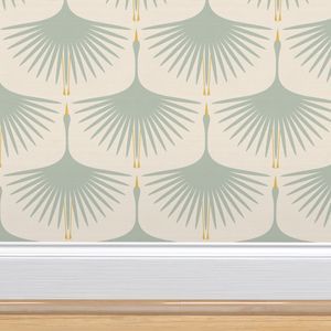 Art Deco Swans - 12" - Duck Egg on Soft Cream - 12" Wallpaper bykaterhees | Spoonflower
