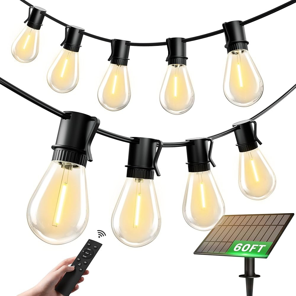 60FT Solar Outdoor String Lights, 18+1 Shatterproof LED Bulbs, Waterproof, USB Rechargeable, 2200... | Amazon (US)