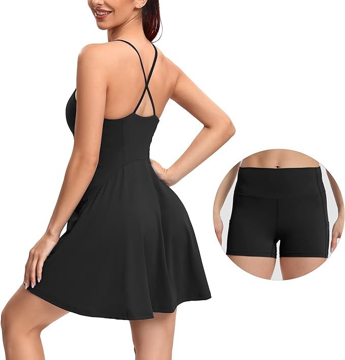 altiland Built-in Bra Tennis Dress for Women with Biker Shorts, Workout Exercise Running Spaghett... | Amazon (US)