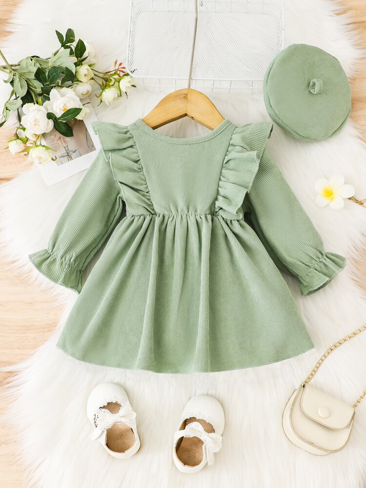 Baby Ruffle Trim Flounce Sleeve Dress With Hat | SHEIN