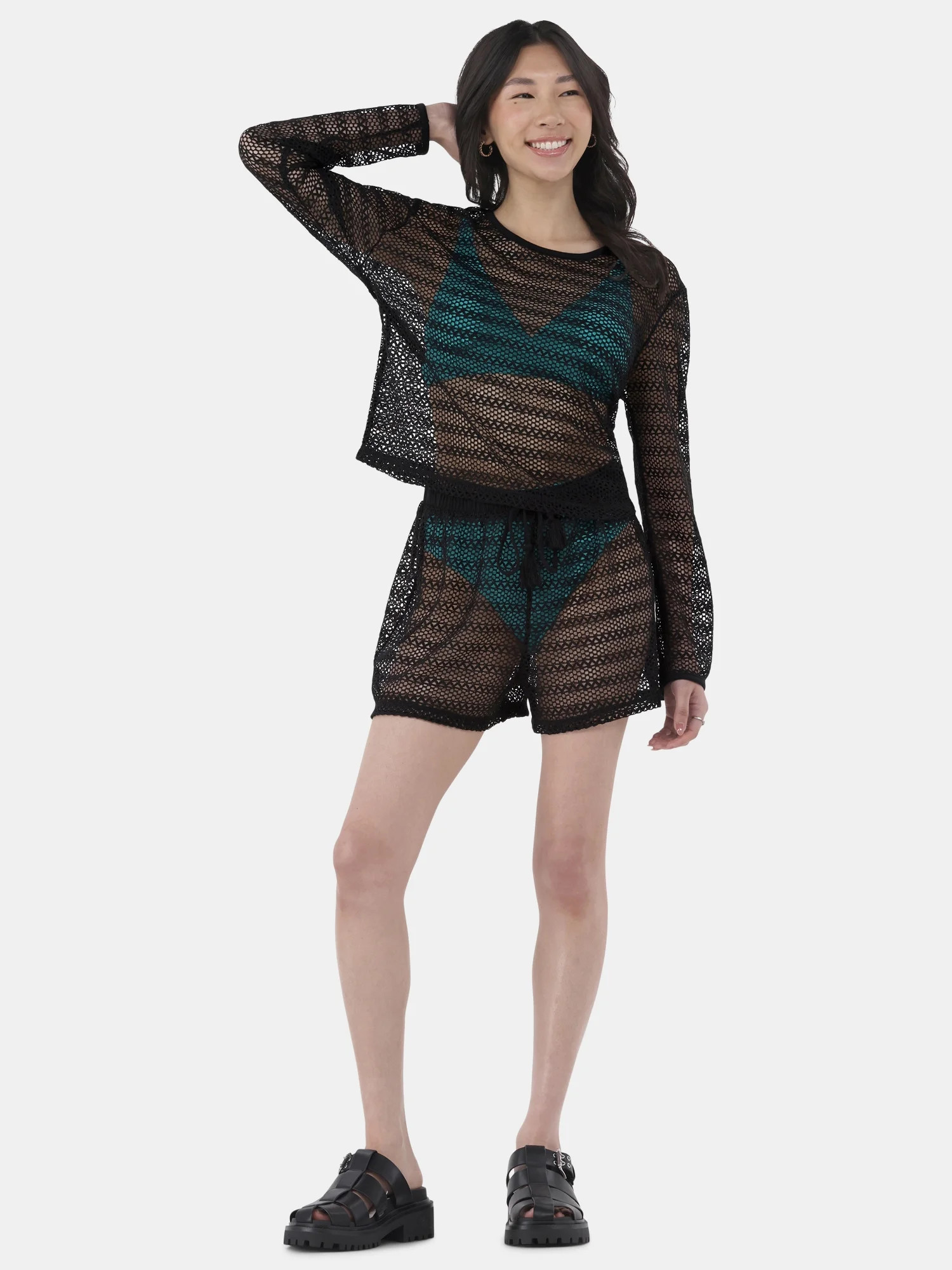 No Boundaries Women's Crochet Top Coverup with Long Sleeves, Sizes XXS - XXL | Walmart (US)