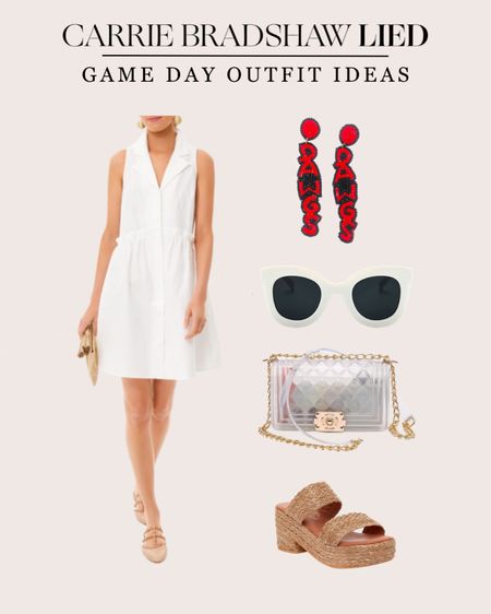 White game day outfit idea with some fabulous Georgia earrings! This dress is perfect for warm tailgates and football games. Also linking a clear bag idea for the stadium! 