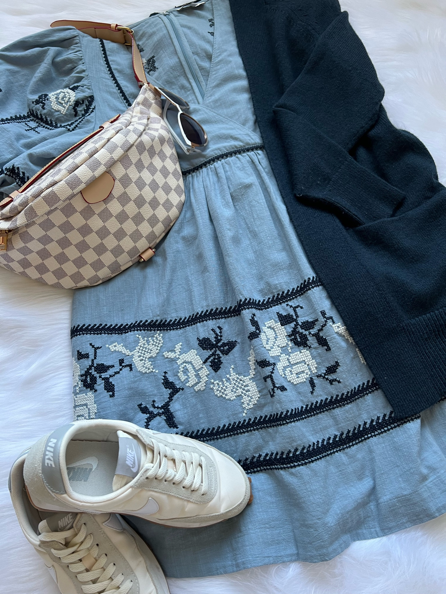 Madewell dress, embroidered dress, navy cardigan, Nike sneaker, Louis Vuitton bum bag

#LTKfit #LTKstyletip #LTKworkwear