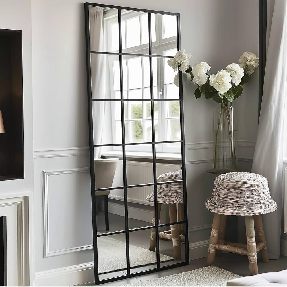 G-LEAF Window Pane Mirror,71x36 inch Grid Wall Mirror, Rectangle Window Mirror, Black Metal Frame... | Amazon (US)