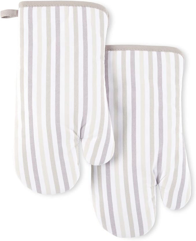Martha Stewart Daisy Stripe Oven Mitt Set, 7"x13", Linen | Amazon (US)