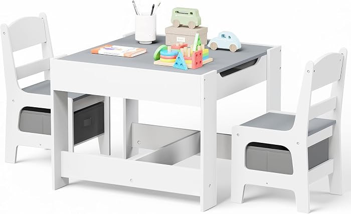 Kinder King Kids Wood Table & 2 Chairs Set, 3 in 1 Children Activity Table w/Storage, Removable T... | Amazon (US)