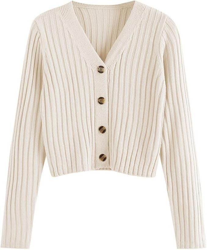 ZAFUL Women's V Neck Ribbed Button Up Cardigan Solid Knitwear Long Sleeve Surplice Crop Tops Swea... | Amazon (US)