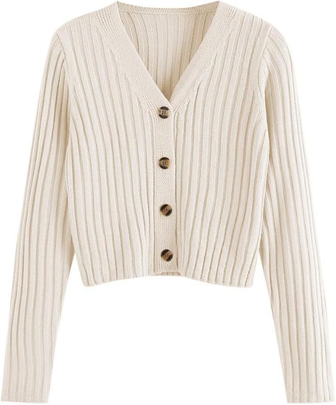 ZAFUL Women's V Neck Ribbed Button Up Cardigan Solid Knitwear Long Sleeve Surplice Crop Tops Swea... | Amazon (US)