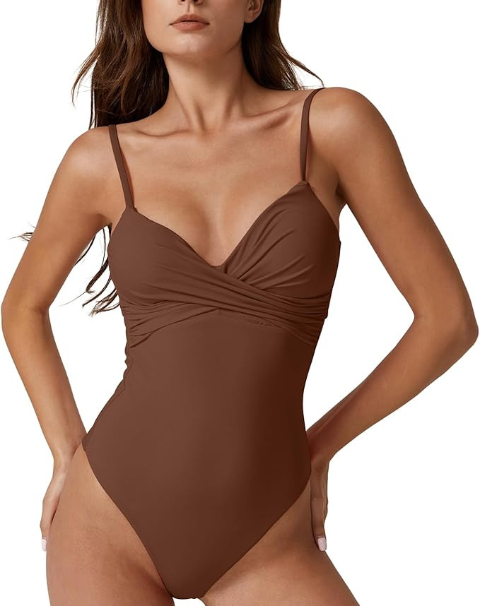 ESONALR Sexy One Piece Swimsuit for Women Adjustable Spaghetti Strap Cross Over Neckline High Leg... | Amazon (US)