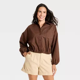 Women's Long Sleeve Button-Up Bubble Top - A New Day\u2122 Brown Polka Dots XS | Target