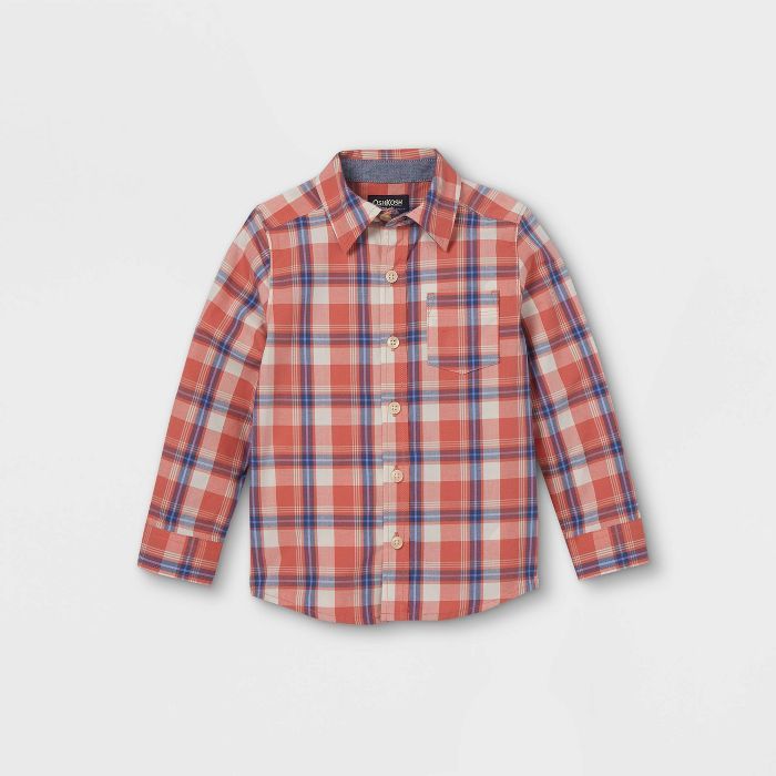 OshKosh B'gosh Toddler Boys' Plaid Long Sleeve Button-Down Shirt - Maroon | Target
