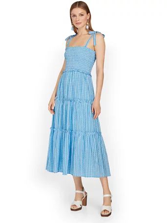 Gingham Smocked Tie-Shoulder Midi Dress - Aaron & Amber - New York & Company | New York & Company