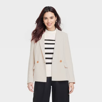 Women's Signature Crepe Slim Fit Blazer - A New Day™ Cream L: Midweight, Front Button, Patch Pocket | Target
