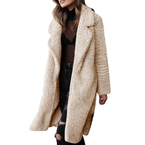 hayudier Fuzzy Jackets for Women Fleece Lapel Open Front Cardigan Sherpa Jacket Long Faux Fur Coat Warm Winter Jeckets Outwear Soft Cozy Cardigan Sweaters Winter Clothing Y2k Clothes Beige | Amazon (US)