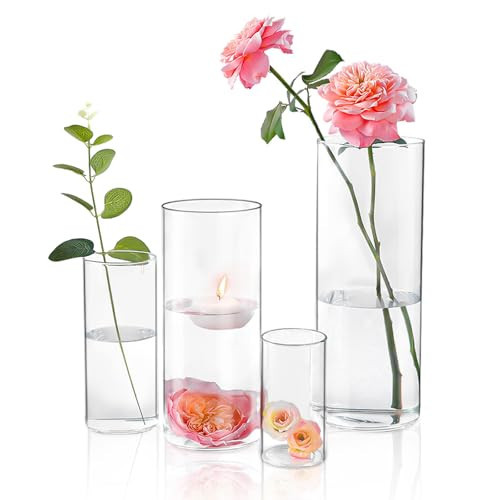 4 Pack Glass Cylinder Vases for Centerpieces | 4, 6, 8,10 Inch Tall Flower Vase for Wedding Decorations, Clear Floating Candle Vases in Bulk, Hurricane Candle Holders for Table, Home Décor | Amazon (US)