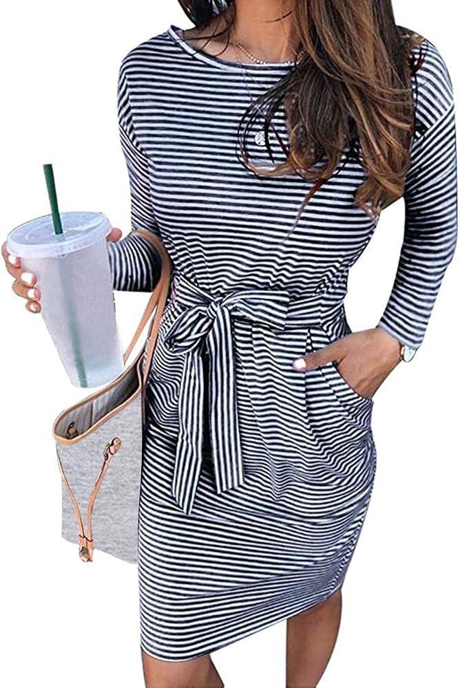 MEROKEETY Women's 2023 Fall Striped Long Sleeve T Shirt Dress Casual Tie Waist with Pockets | Amazon (US)