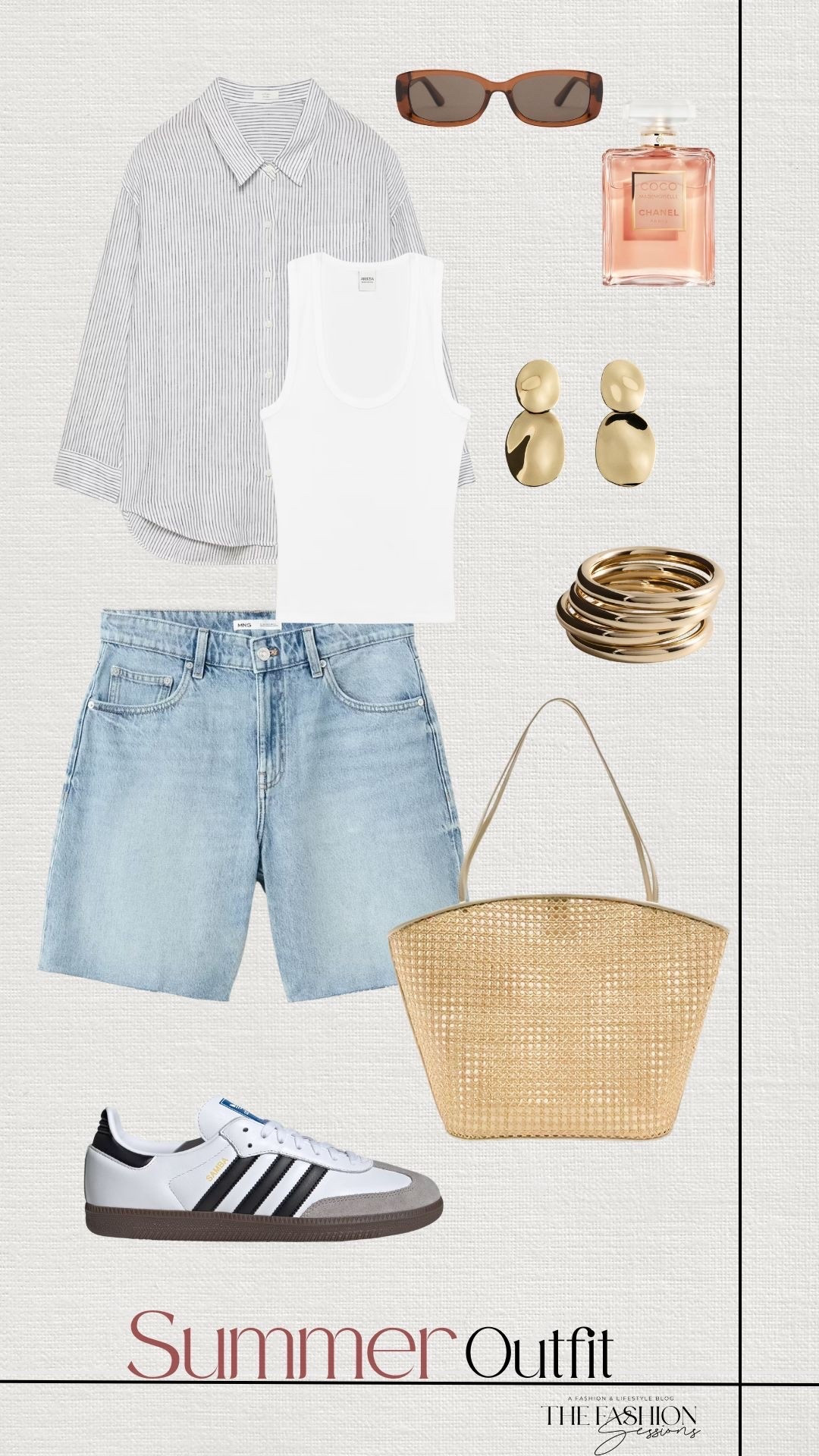 Summer Outfit | Striped Button Down | Denim Shorts | White Tank Top | Adidas Sambas | Woven Bag |

#LTKootd #LTKSeasonal