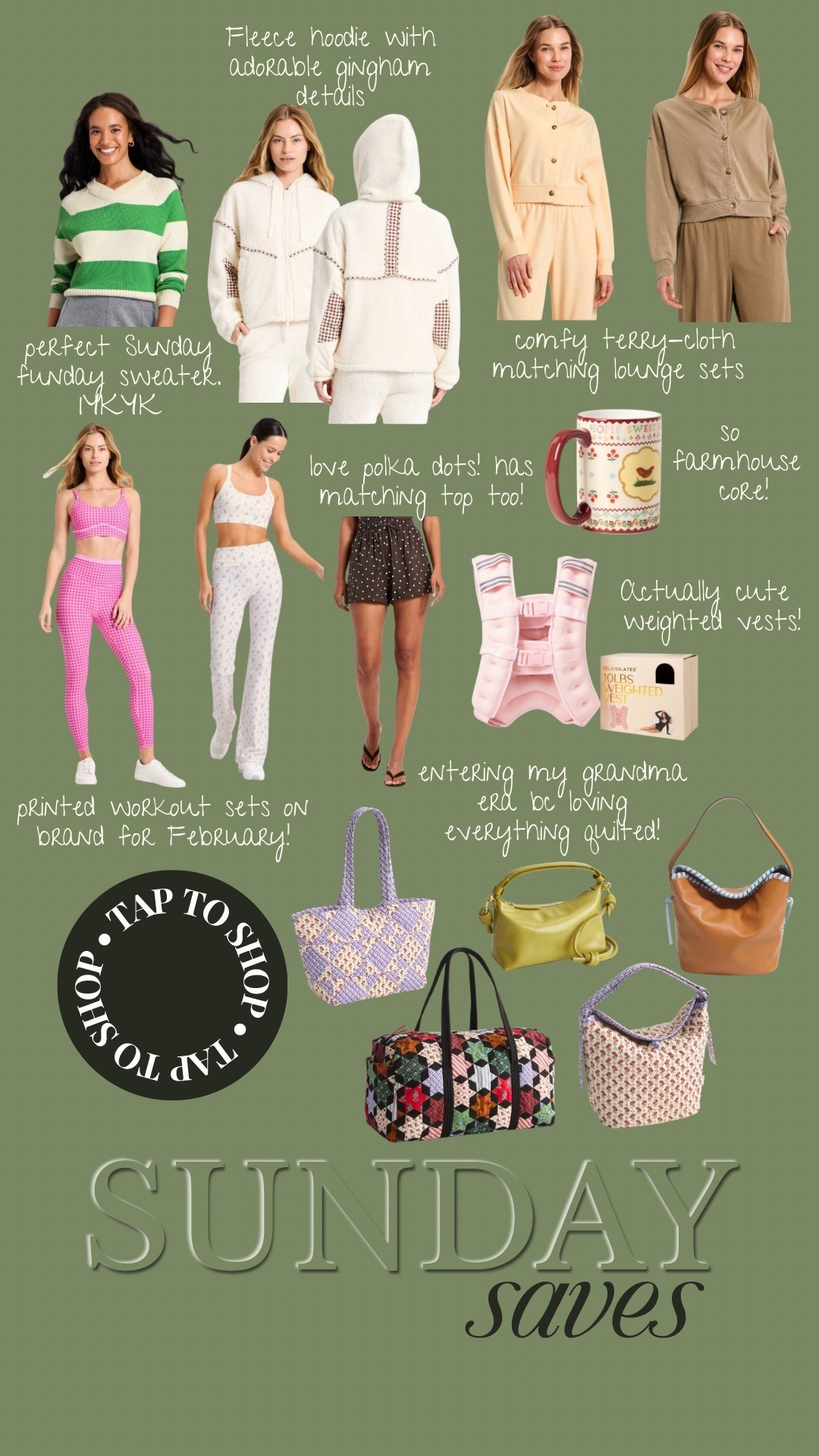 1/11: SUNDAYsaves

The green and the brown bag is from the Vera Bradley outlet website! 

Workout sets, activewear, weighted vests, quilted bags, lounge sets, fleece jackets, new target arrivals, Vera Bradley, polka dots 

#LTKFindsUnder50 #LTKSeasonal #LTKFindsUnder100