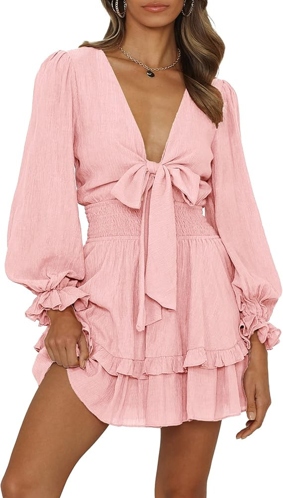 PRETTYGARDEN Women's Short A-Line Flare Dress Knot Front Long Sleeve V Neck Tiered Ruffle Swing M... | Amazon (US)