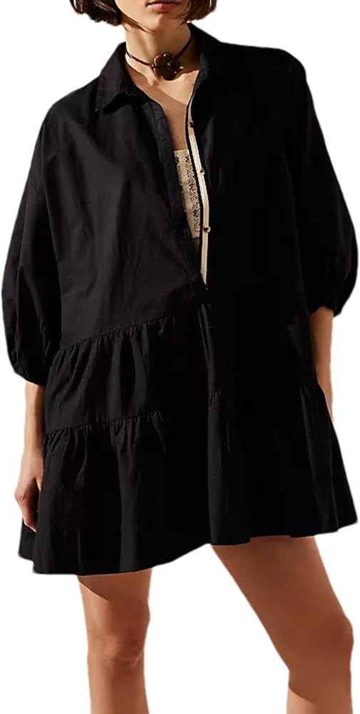 Zontroldy Women's Oversized Casual Collared Babydoll Mini Dresses Puff Sleeve A-line Tiered Shirt Tunic Dress(1248-Coffee-L) | Amazon (US)