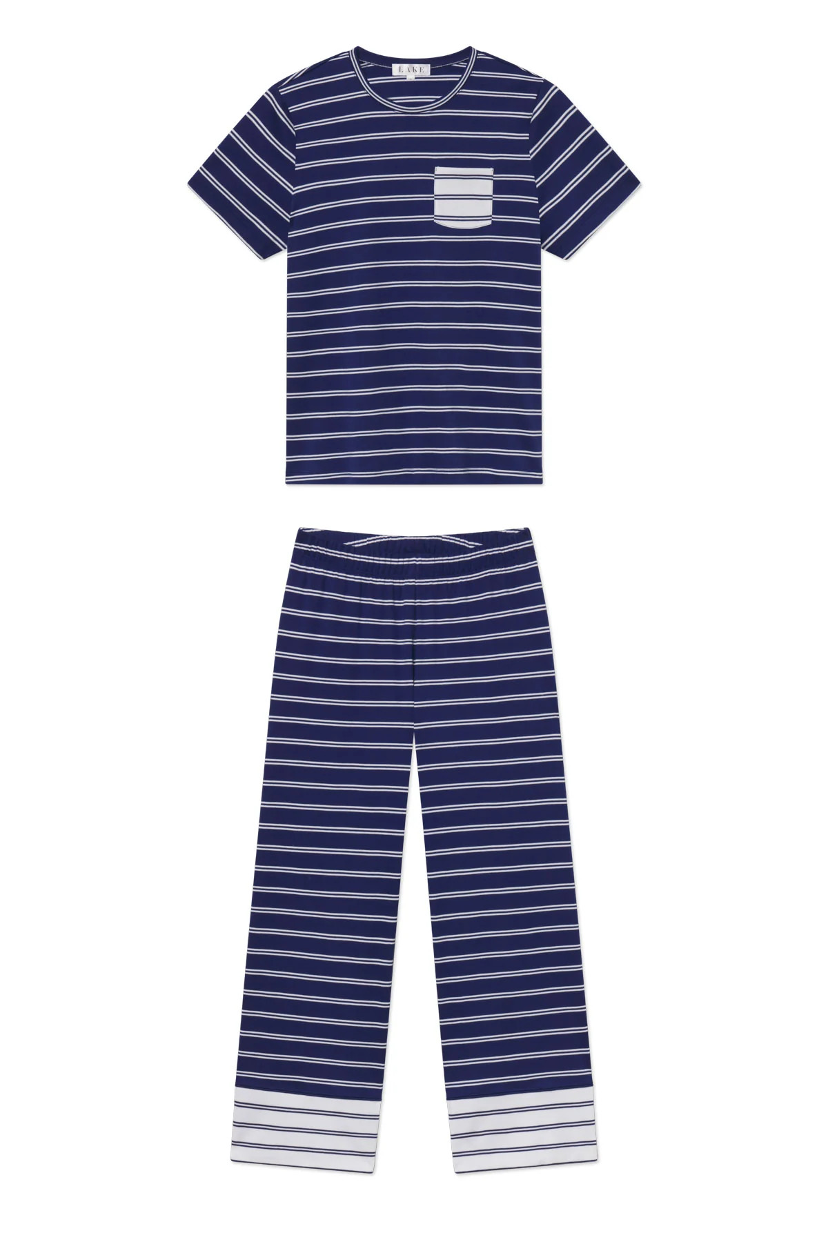 Pima Crew Wide Leg Pajama Set in Blue Depths Tidal Stripe | Lake Pajamas