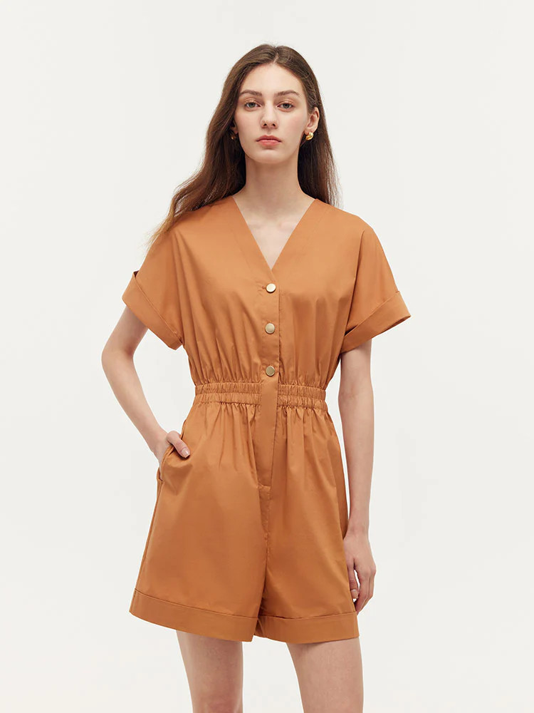 Cotton V-Neck Women Romper - Caramel / L | GOELIA