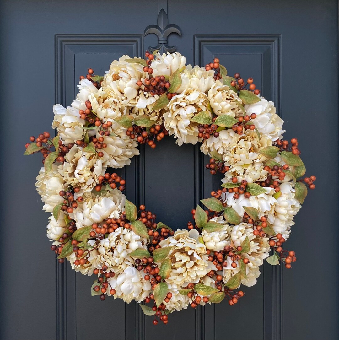 Autumn Front Door Wreaths, Fall Cream Peony Wreath With Berries, Fall Door Hanger, Trending Wreat... | Etsy (US)