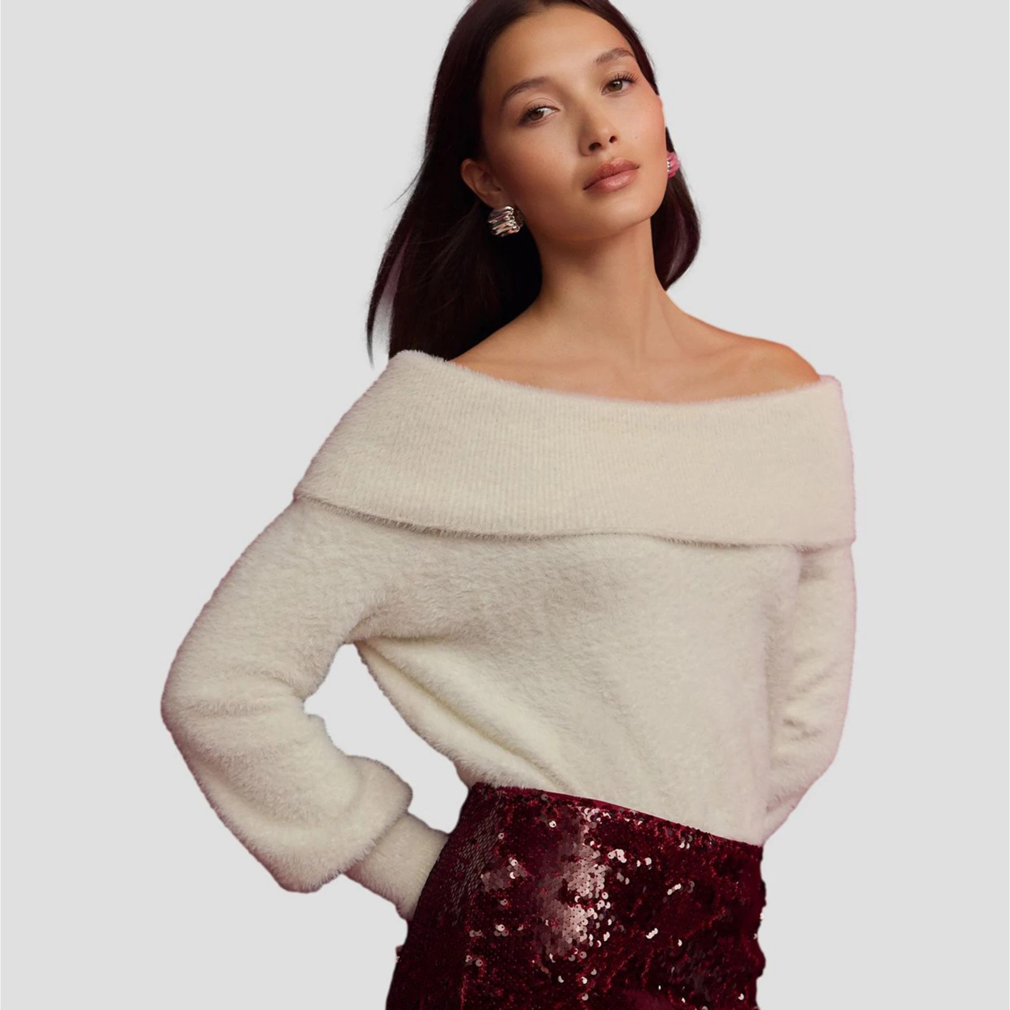 Women's NEXT White Ecru Fluffy Off-Shoulder Bardot Sweater | Kohl's