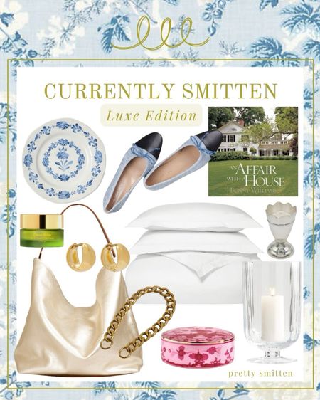 Currently Smitten - denim cap toe ballet flats, slouchy metallic handbag, organic cotton percale sheets, blue and white plate, candle glass hurricane, silver small vase, the best face mask

#LTKOver40 #LTKStyleTip #LTKHome