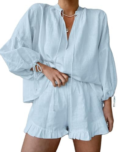 Amazon.com: Mxiqqpltky Linen Shorts Sets Women 2 Piece Outfits Long Sleeve Tie Front Tops and Ruf... | Amazon (US)