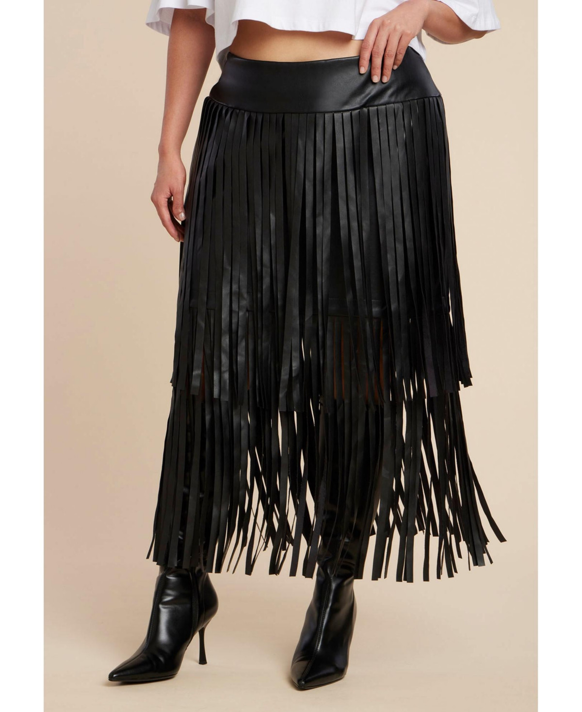 Eloquii Women's Plus Size Faux Leather Fringe Skirt - Black onyx | Macy's