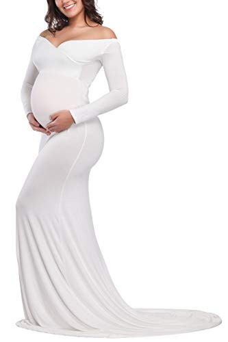 JustVH Maternity Elegant Fitted Maternity Gown Long Sleeve Cross-Front V Neck Slim Fit Maxi Photography Dress for Photoshoot A- White | Amazon (US)
