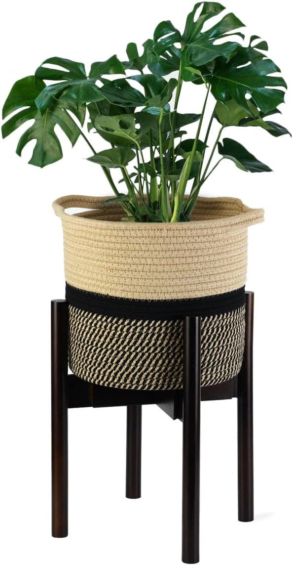 Planter Baskets & Bamboo Plant Stand Set Indoor Planter Holder Flower Adjustable Pot Stands - Mid... | Amazon (US)