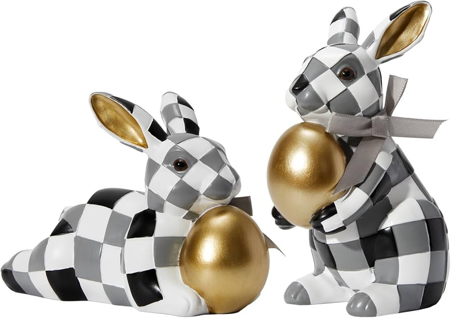 WDS WONDROUS Easter Decorations Bunny Figurines Set, Black White Checkerboard with Gold Egg & Gre... | Amazon (US)